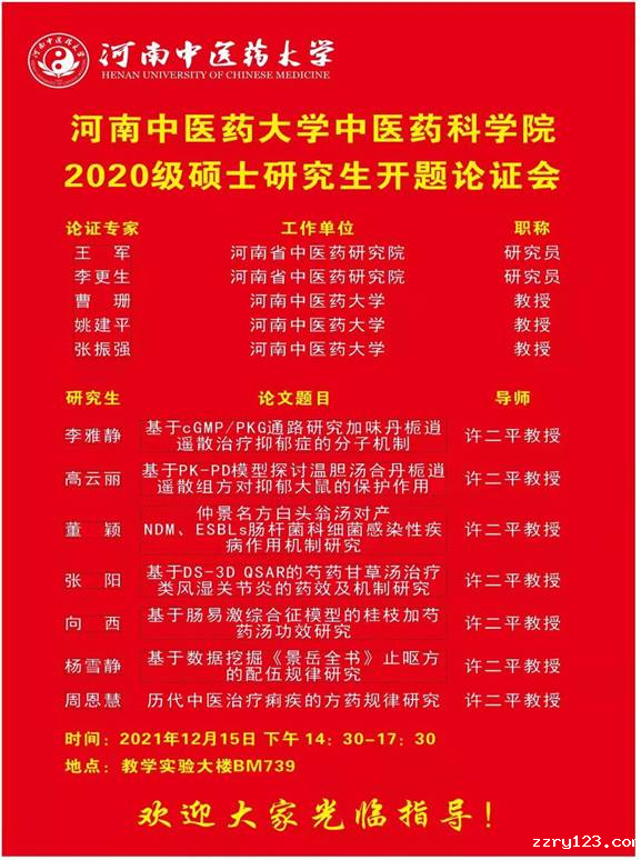 2020级星空平台官网莱切战略伙伴中医药科学院方剂学研究生7人，硕士研究生开题通知
